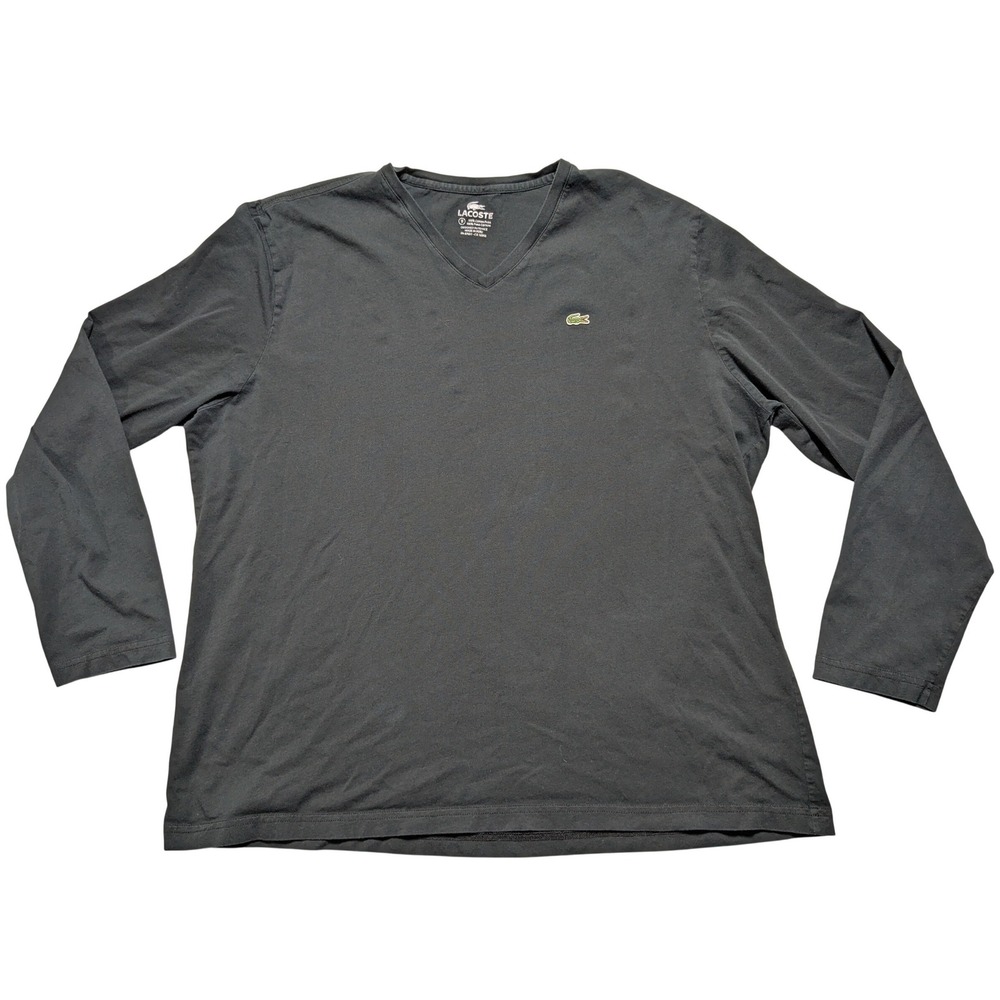 Lacoste Mens Size 9 Black 100% Pima Cotton V-Neck Long Sleeve T-Shirt